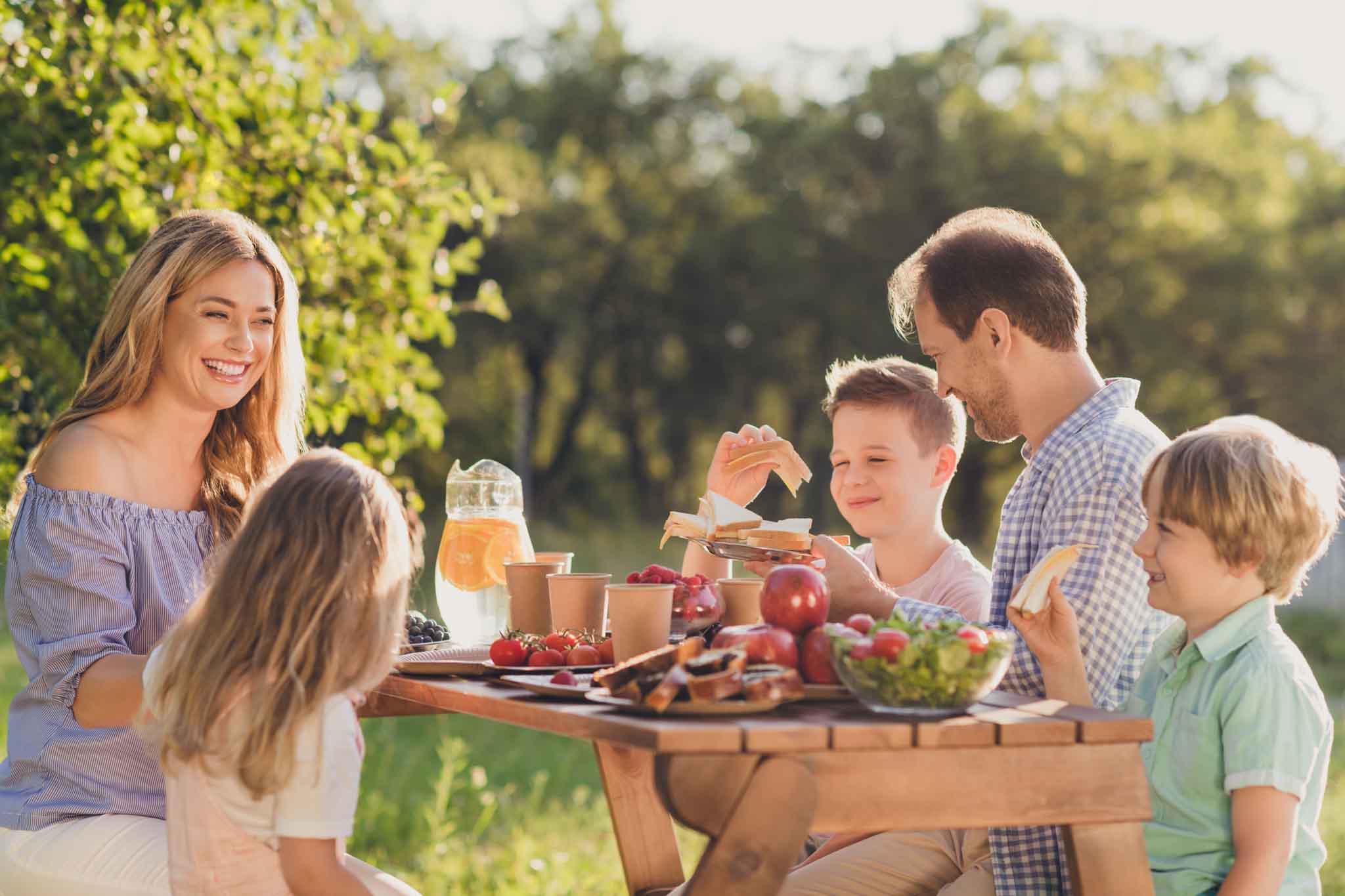 Portrait of nice attractive cheerful lovely family mom dad brother, sister spending free time sunny day on fresh air eating lunch feast rest relax in green park backyard summertime season